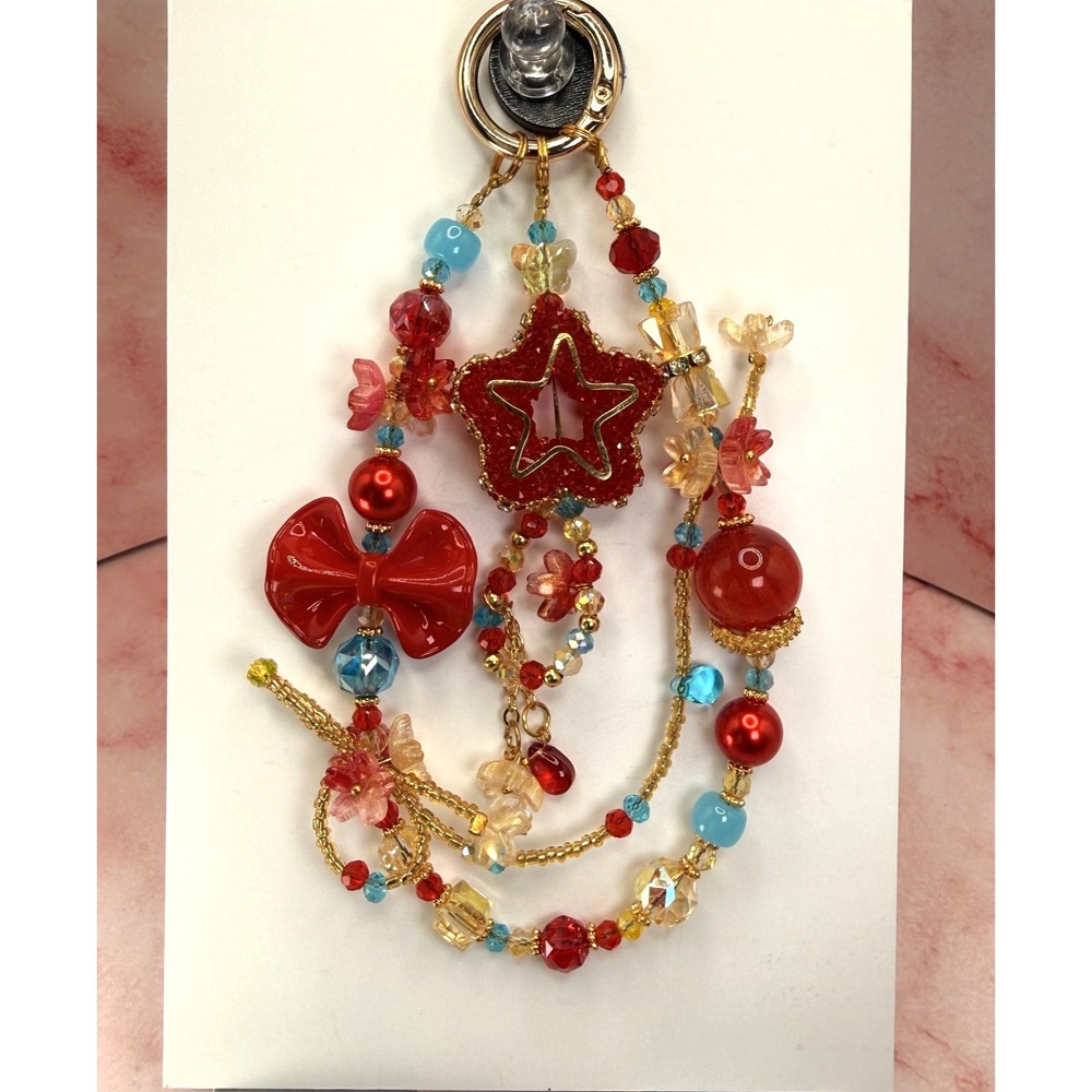 Red Bow Star Floral Phone Wristlet Charm Beaded Keychain Bag Charm Handmade